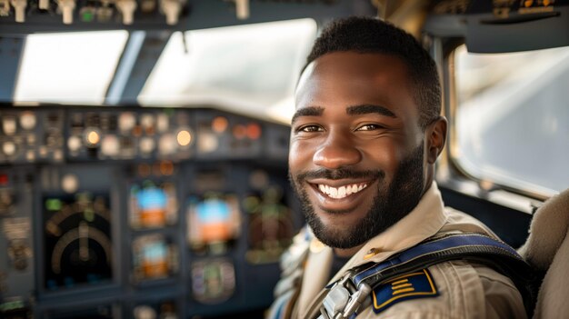 Photo african american pilot smiling in a cockpit