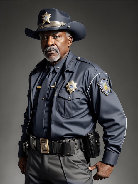 Photo african american police sheriff in blue uniform and hat