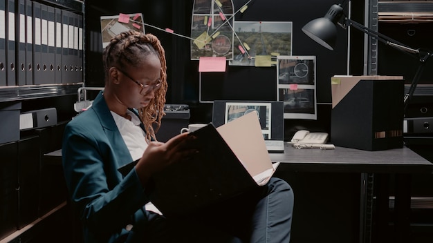 Photo african american policewoman reviewing case files, working on criminal investigation with forensic evidence and suspect photos. female inspector using detective board in law agency.