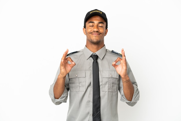 African American safeguard over isolated white background in zen pose