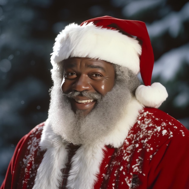 Photo african american santa claus with a big smile and a sack of gifts ready to spread holiday cheer