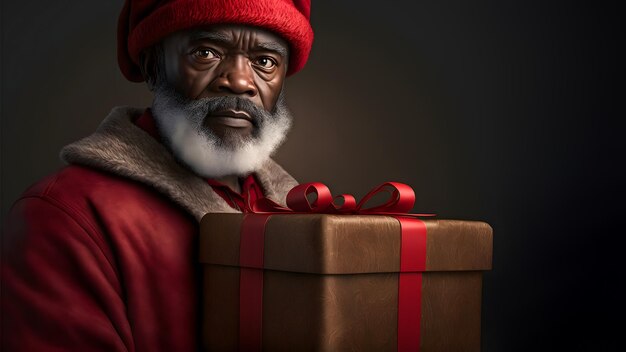 Афро-американский Санта-Клаус с подарочной коробкой крупным планом, портрет Рембрандта, освещающий нейронную сеть, сгенерировал искусство