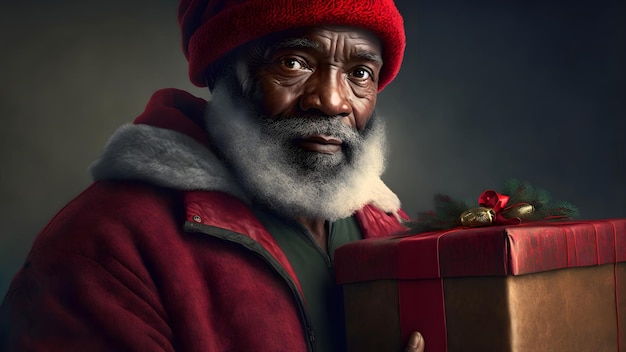 African american Santa Claus with gift box close portrait with Rembrandt lighting neural network generated art