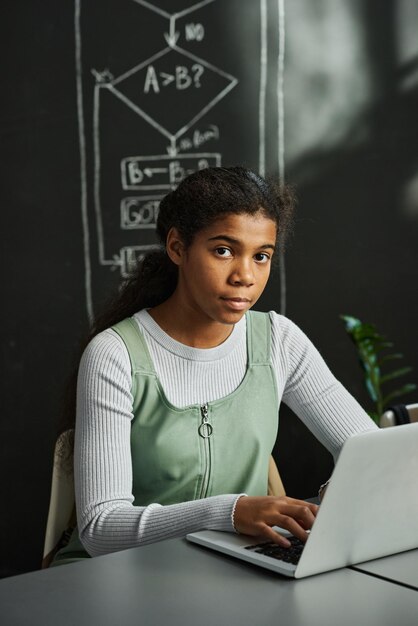 African American schoolgirl studying on computer