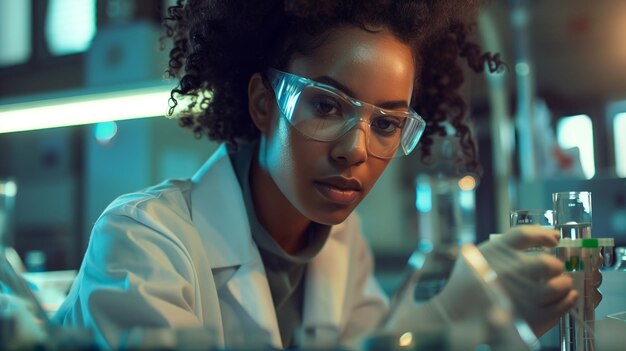 An african american scientist woman in a laboratory with lab coat