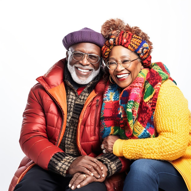 An african american senior couple in full color winter clothes on white or transparent background