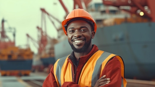 African American shipyard employee shipping logistics and international commercial products transportation The Generative AI