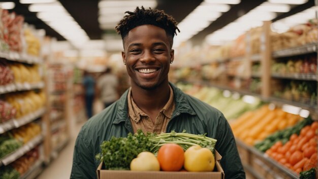 ショートヘアのアフリカ系アメリカ人の笑顔の若い男がスーパーマーケットで野菜の箱を持っています