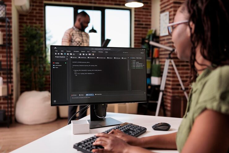 Photo african american software developer debugging source code algorithm looking at computer screen while roommate is using laptop. freelance coder writing software working remote from home.