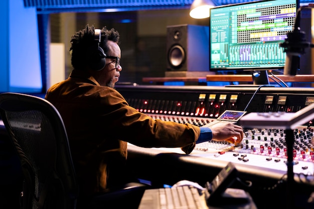 African american sound producer uses compressor and mixer in studio