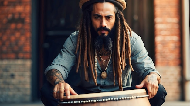 Photo african american street musician drummer with dreadlocks performing on bongo drum in city streets l