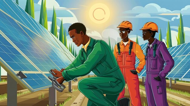 Photo african american technician checks the maintenance of the solar panels group of three black enginee