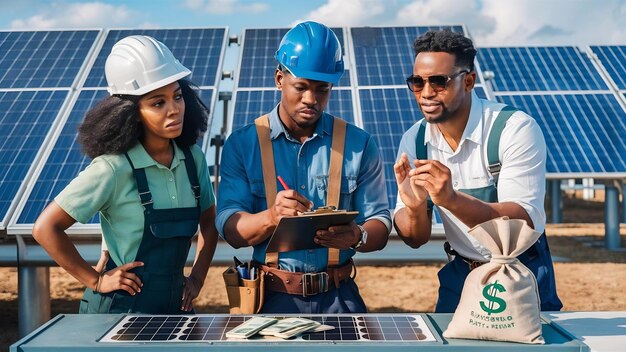 Photo african american technician checks the maintenance of the solar panels group of three black enginee