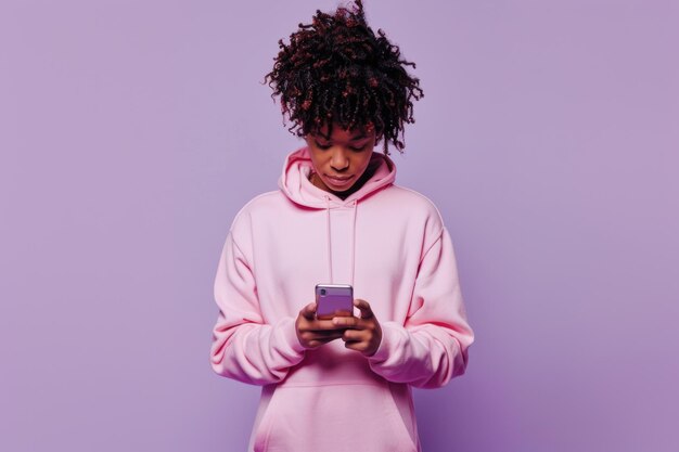 Photo african american teen model using cellphone with pink hoodie