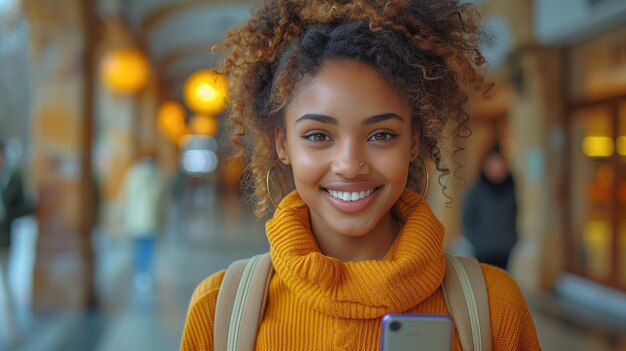 African American Teen Smiling with Smartphone at College Park