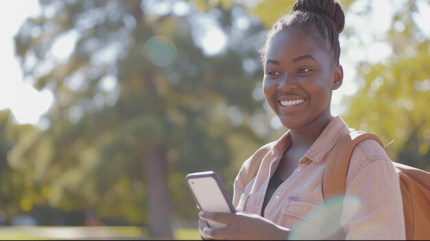 アフリカ系アメリカ人のティーンエイジャーがカレッジパークでスマートフォンで微笑んでいる