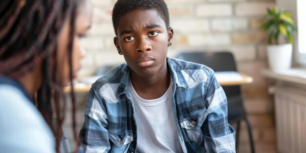 African American teenage boy talking to an adult