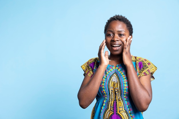 African american thrilled person cheering about something