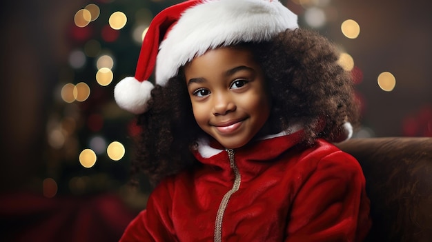 African American toddler baby is happily smiling in santa hat for season celebration concept created with Generative AI technology