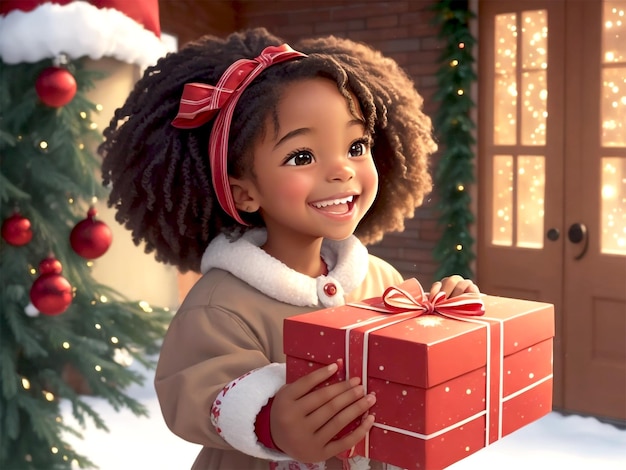 아프리카계 미국인 유아는 선물 상자를 들고 산타 모자를 쓰고 행복하게 웃고 있습니다.