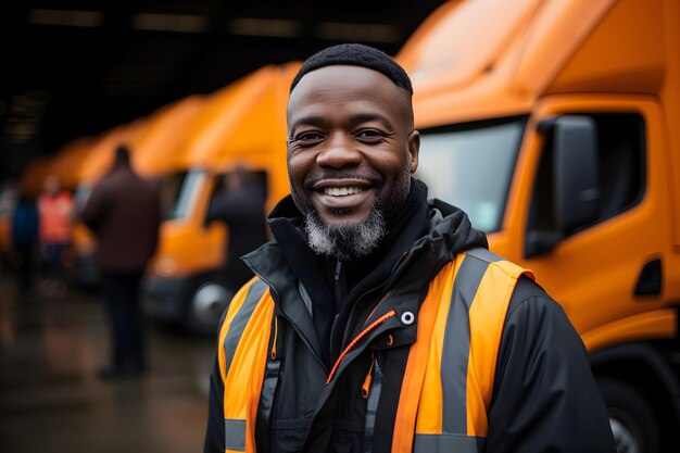 아프리카계 미국인 운송 공장 트럭 운전기사가 서서 웃으며 팔을 는 행동을 하고 있습니다.