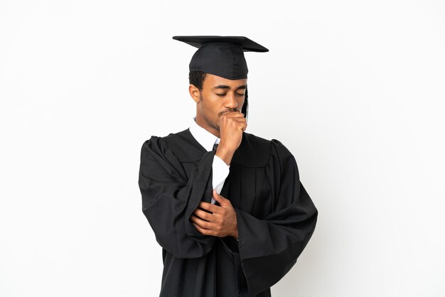 African American university graduate man over isolated white background is suffering with cough and feeling bad