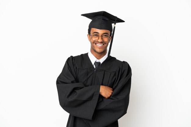 African American university graduate man over isolated white background with glasses and smiling