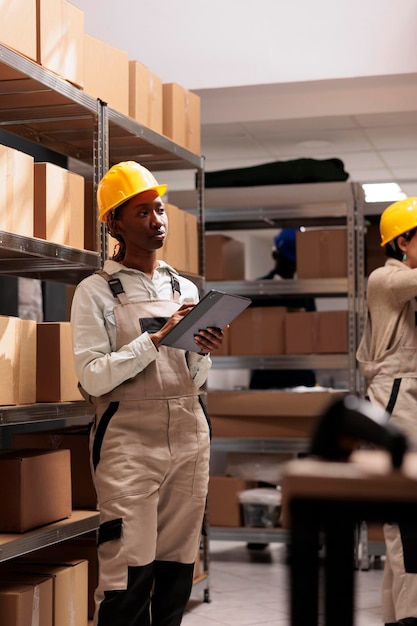 アフリカ系アメリカ人の倉庫マネージャーは、在庫室で貨物の概要を作成し、デジタルタブレットで在庫レポートを確認します。貨物の入出荷を管理する倉庫オペレーター