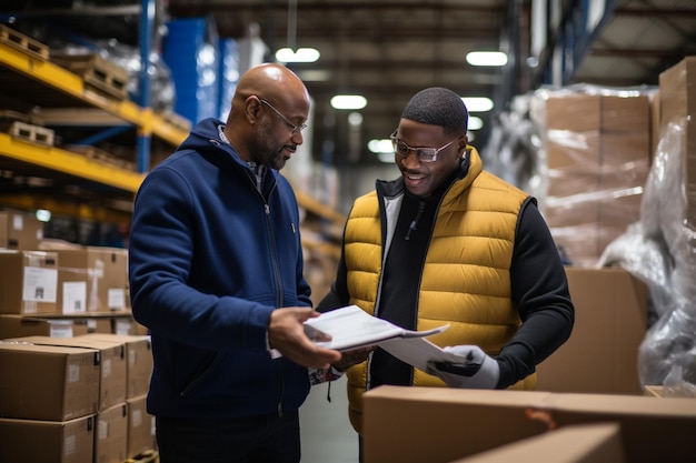 African american warehouse operators discussing shipment managing at work