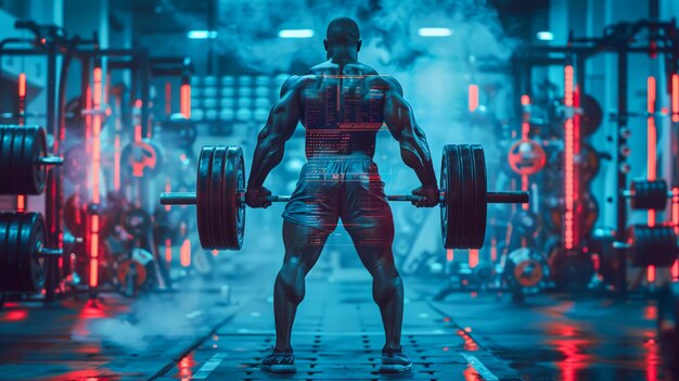 African American Weightlifter Performing Deadlift in NeonLit Gym