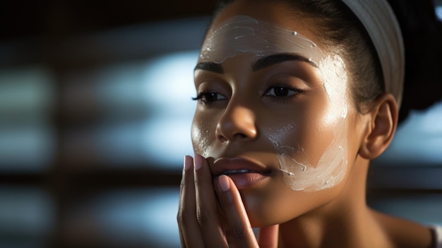 鏡の前で顔にクリームを塗っているアフリカ系アメリカ人女性