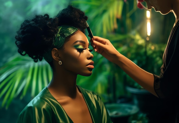 African American woman applying make up