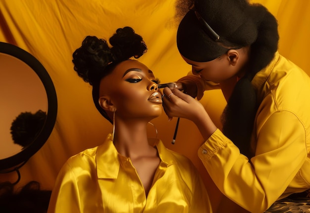 African American woman applying make up