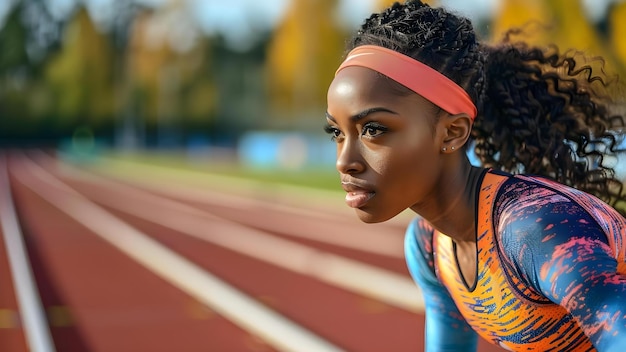 Фото Афроамериканская спортсменка готовится к спринту на трассе концепция спортивной фотографии