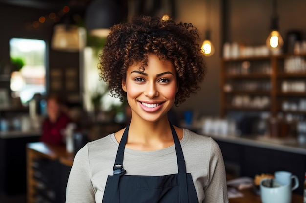 Африканская американка-бариста в фартуке работает за стойкой в кафе в помещении