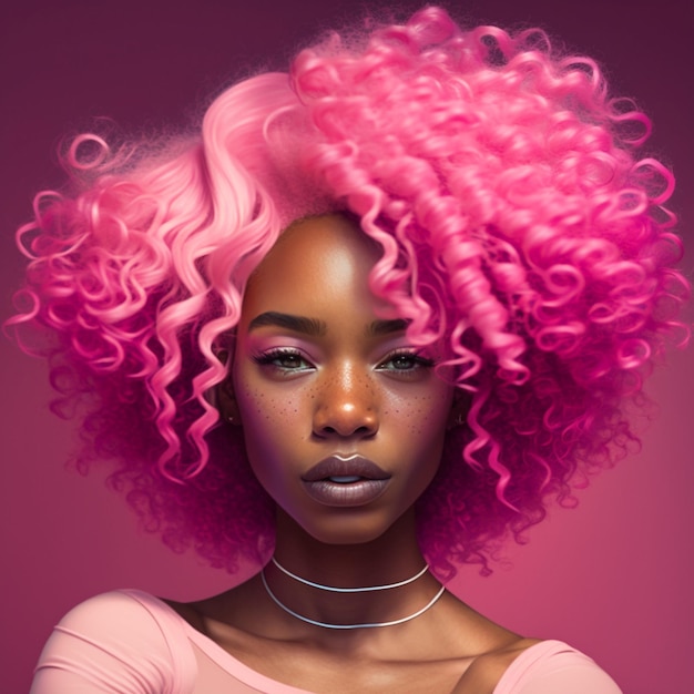 Афроамериканка, черная девушка с розовыми волосами, афро-прическа