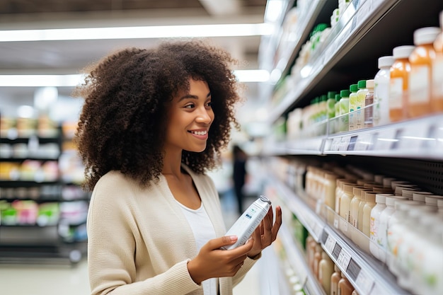 African american woman comparing products in grocery