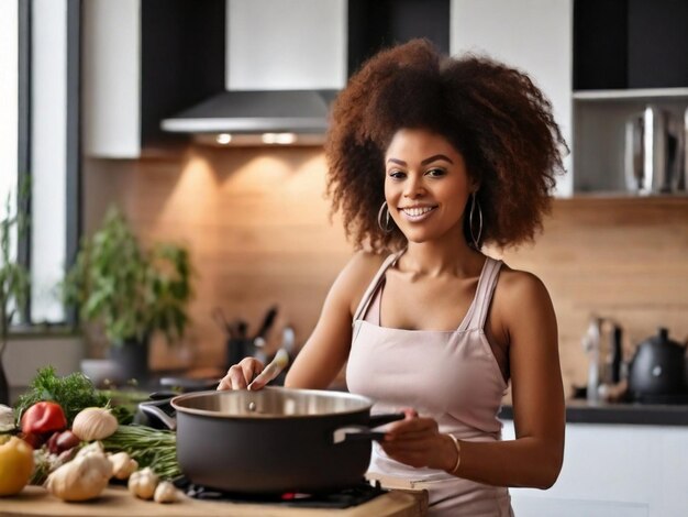 African American Woman Cooking Tasting Dinner In A Pot Standing In Modern Kitchen At Home