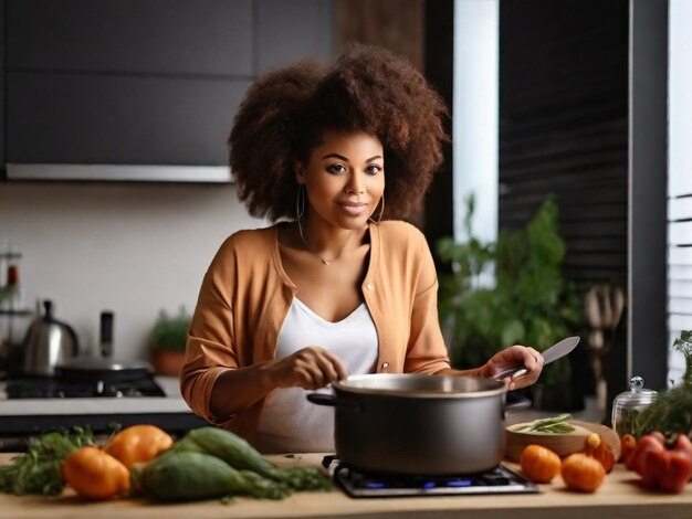 African American Woman Cooking Tasting Dinner In A Pot Standing In Modern Kitchen At Home