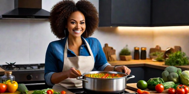 African American Woman Cooking Tasting Dinner In A Pot Standing In Modern Kitchen At Home