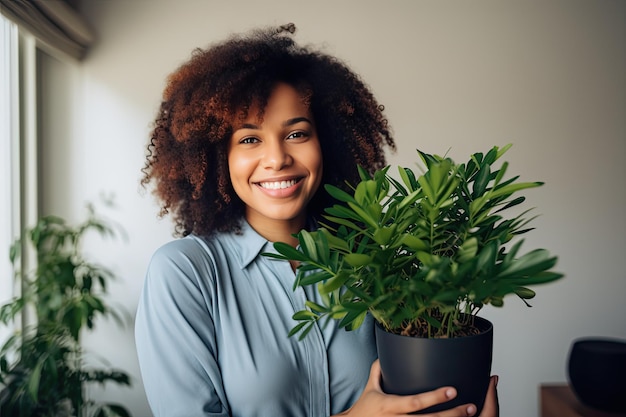 African American Woman Decorating her Cozy Modern Apartment Candid and Botanical Composition