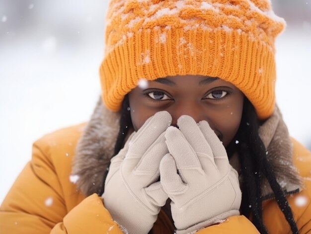 写真 アフリカ系アメリカ人の女性が冬の雪の日を楽しんで遊び心のある感情的なダイナミックなポーズをとっています