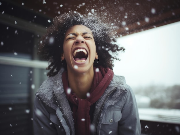Фото Афроамериканская женщина наслаждается зимним снежным днем в игривой эмоциональной динамической позе