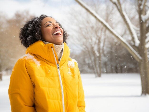 African american woman enjoys the winter snowy day in playful emontional dynamic pose