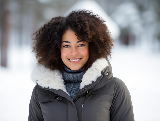 アフリカ系アメリカ人の女性が冬の雪の日を楽しんで遊び心のある感情的なダイナミックなポーズをとっています