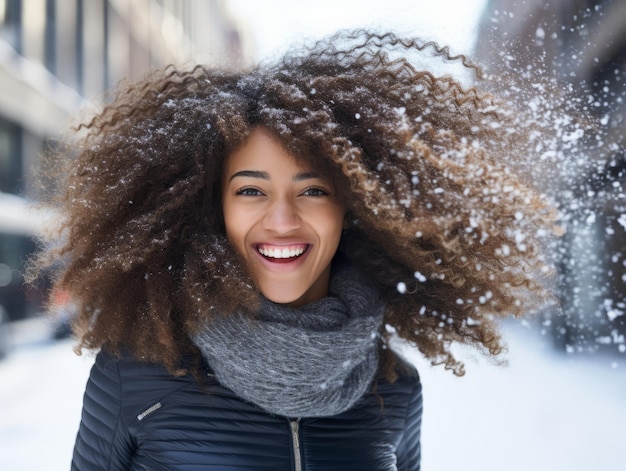 アフリカ系アメリカ人の女性が冬の雪の日を楽しんで遊び心のある感情的なダイナミックなポーズをとっています