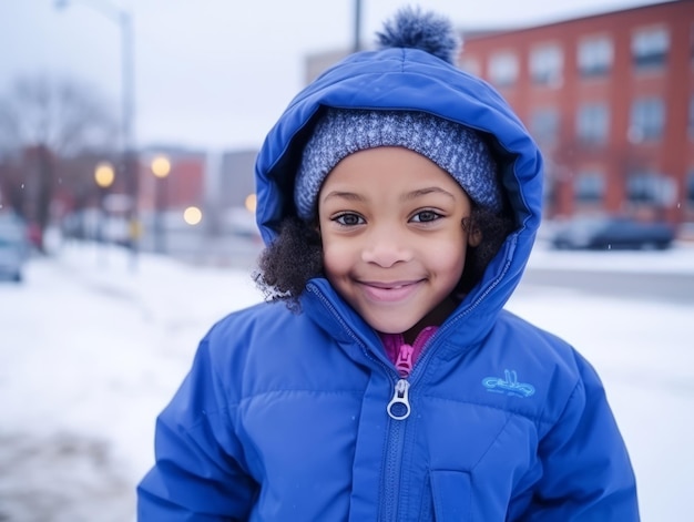 アフリカ系アメリカ人の女性が冬の雪の日を楽しんで遊び心のある感情的なダイナミックなポーズをとっています