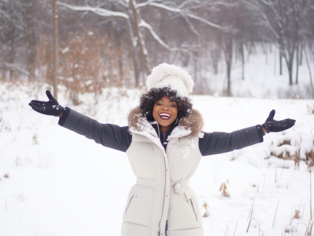 アフリカ系アメリカ人の女性が冬の雪の日を楽しんで遊び心のある感情的なダイナミックなポーズをとっています