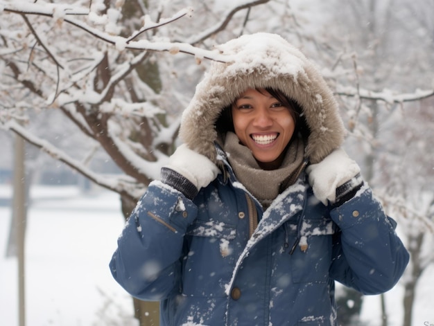 アフリカ系アメリカ人の女性が冬の雪の日を楽しんで遊び心のある感情的なダイナミックなポーズをとっています