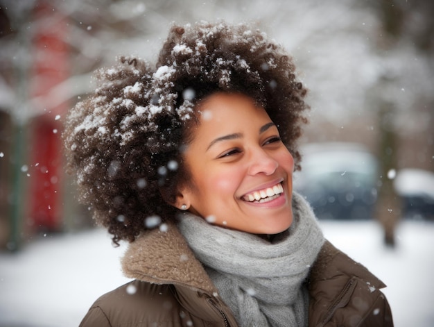 アフリカ系アメリカ人の女性が冬の雪の日を楽しんで遊び心のある感情的なダイナミックなポーズをとっています